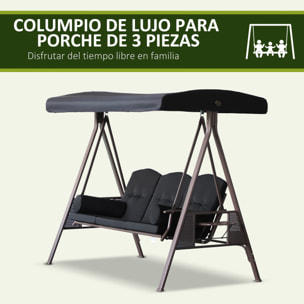 Columpio de Jardín Exterior de 3 Plazas Balancín de Jardín Exterior con Toldo Ajustable Bandejas Laterales 2 Almohadas y Marco de Metal Carga 360 kg 208x121x172 cm Negro