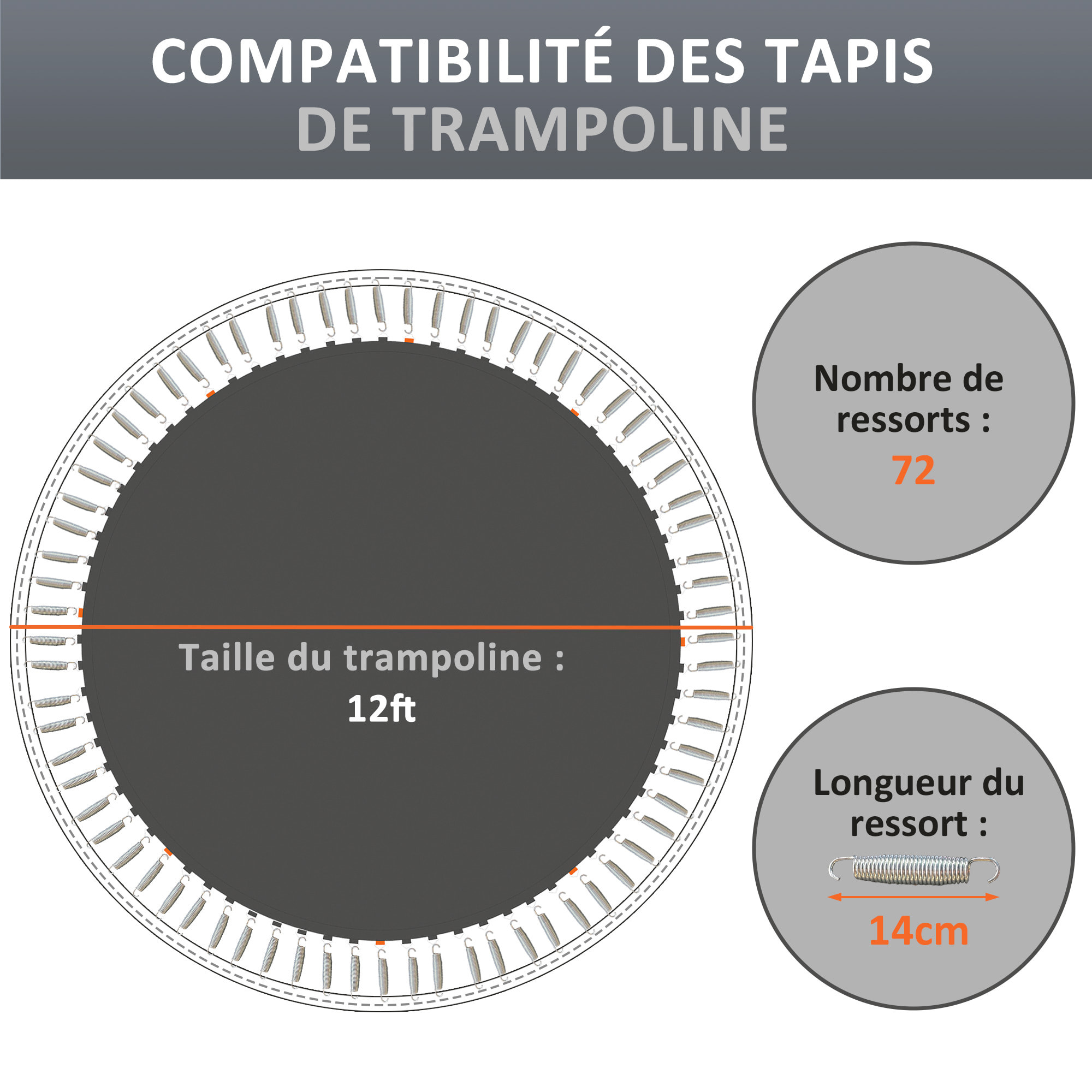 Tapis de rechange trampoline Ø 3,7 m ressorts 14 cm outil 72 crochets en V inclus blanc noir