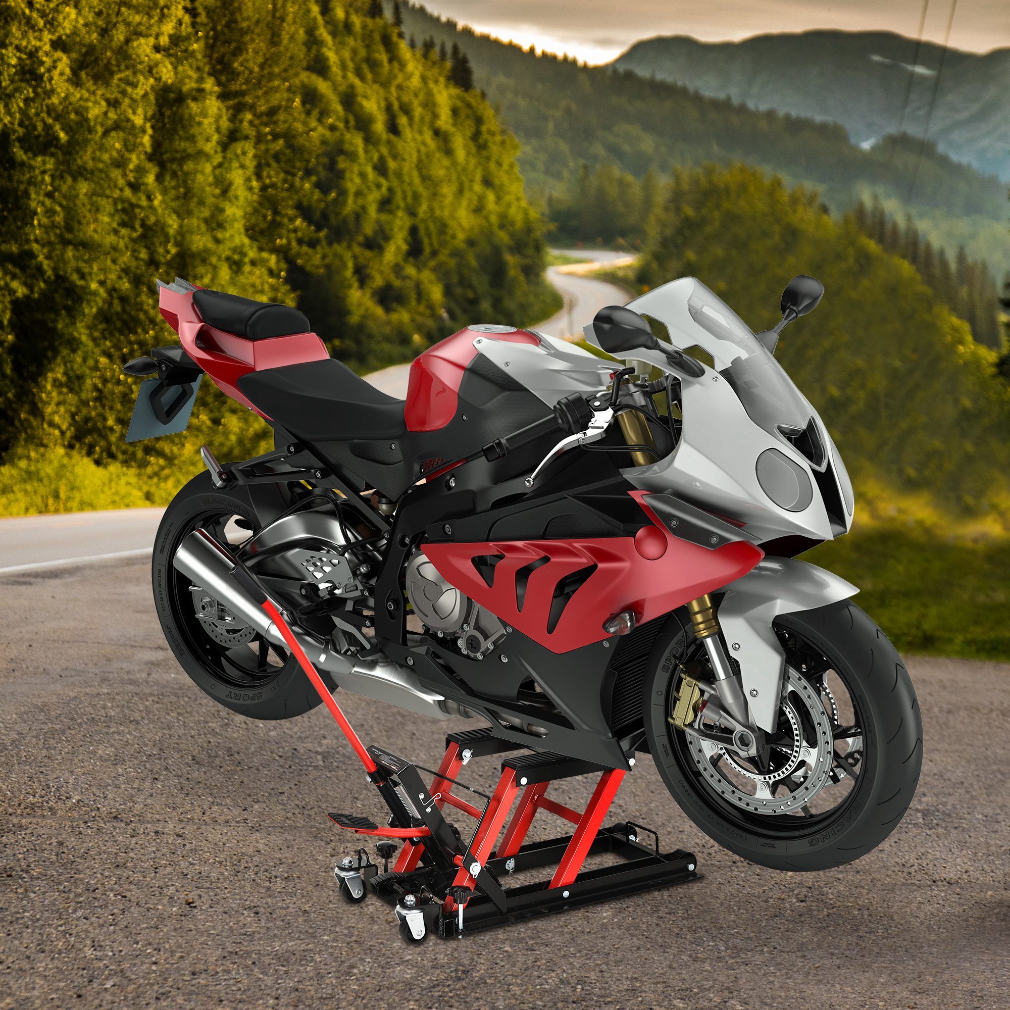 Gato Hidráulico de Motocicletas Acero Soporte 680 kg 110x36x67 cm Negro y Rojo