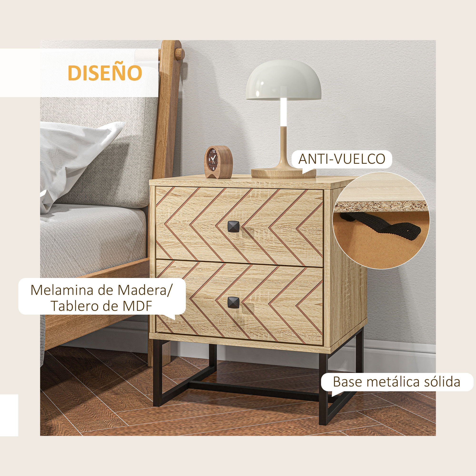 Conjunto de 2 Mesitas de Noche Mesillas de Noche con 2 Cajones y Patas de Metal Estilo Moderno para Dormitorio Salón Oficina 48x39,5x60 cm Natural