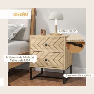 Conjunto de 2 Mesitas de Noche Mesillas de Noche con 2 Cajones y Patas de Metal Estilo Moderno para Dormitorio Salón Oficina 48x39,5x60 cm Natural
