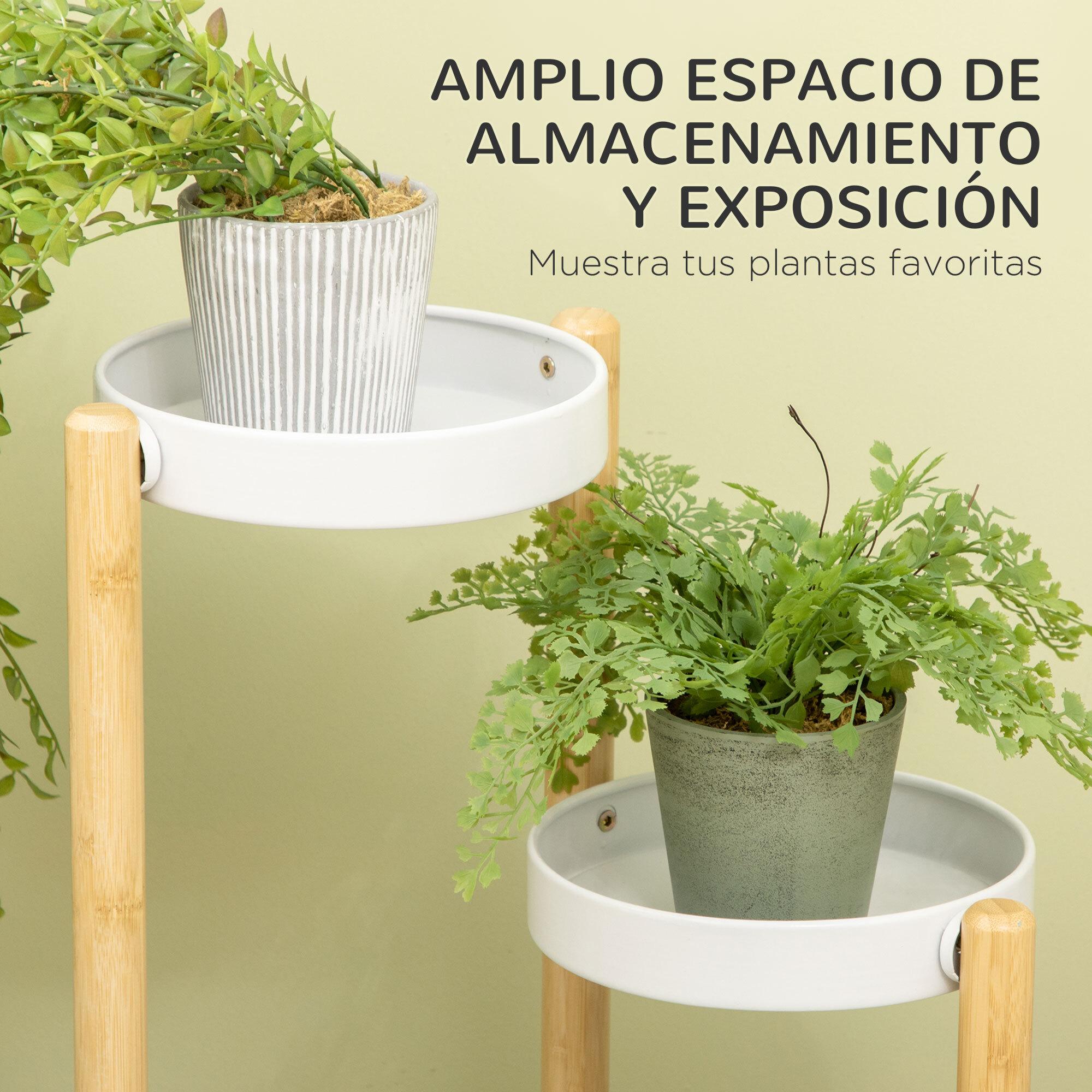 Soporte para Plantas Estantería para Plantas con Pies de Bambú Estantería para Flores con 4 Estantes Redondos Carga 20 kg para Interior y Exterior Ø28x80 cm Natural y Blanco