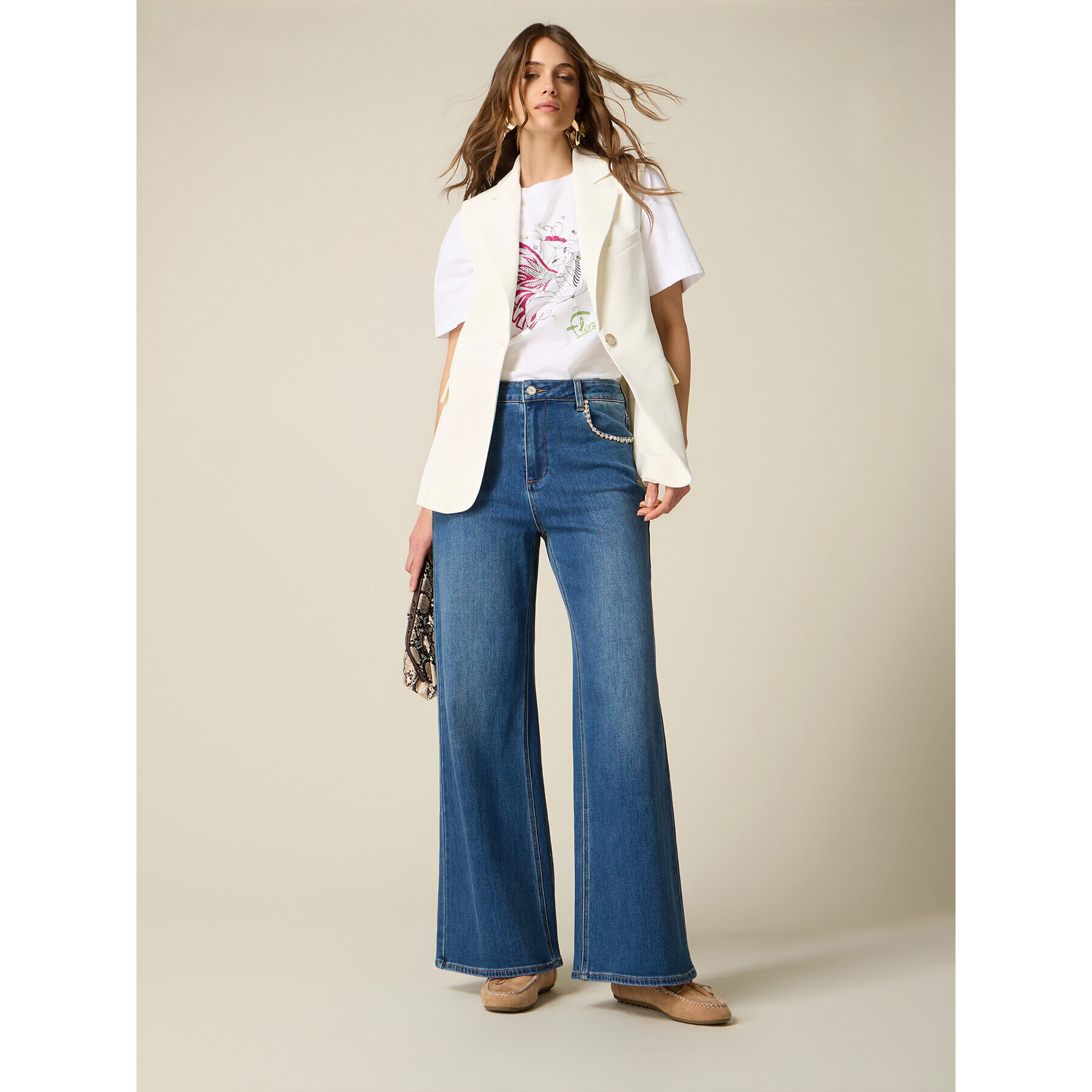 Oltre - Jeans palazzo con catena gioiello - Blu