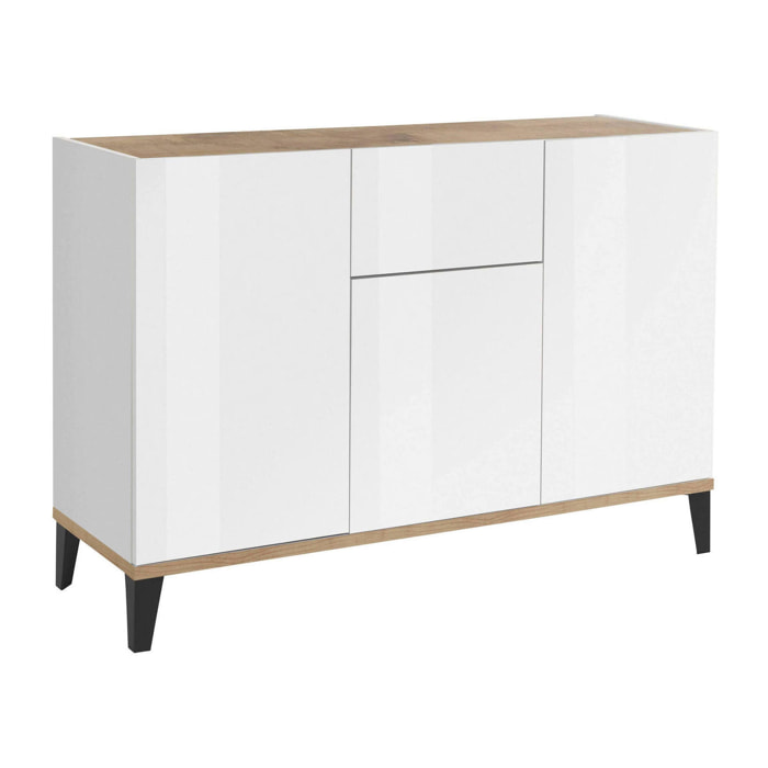 Credenza moderna a 3 ante e 1 cassetto, Made in Italy, Madia da cucina rialzata, Buffet di design da soggiorno, Cm 120x40h82, Bianco lucido e Acero