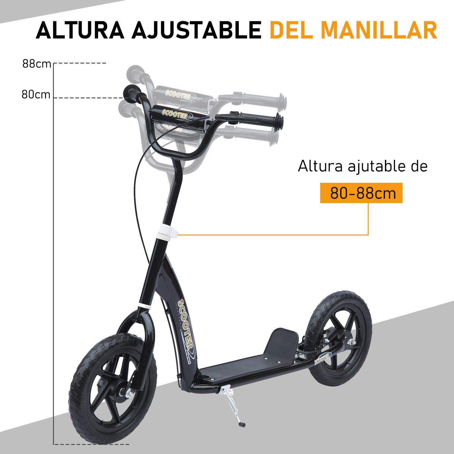 Patinete para Niños de 5-12 Años Scooter de 2 Ruedas Grandes de 12 Pulgadas con Freno y Manillar Ajustable en Altura Carga Máx. 50 kg 120x52x80-88 cm Negro