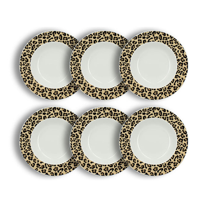 Lot de 6 assiettes creuses léopard 20cm en porcelaine beige ANIMALS