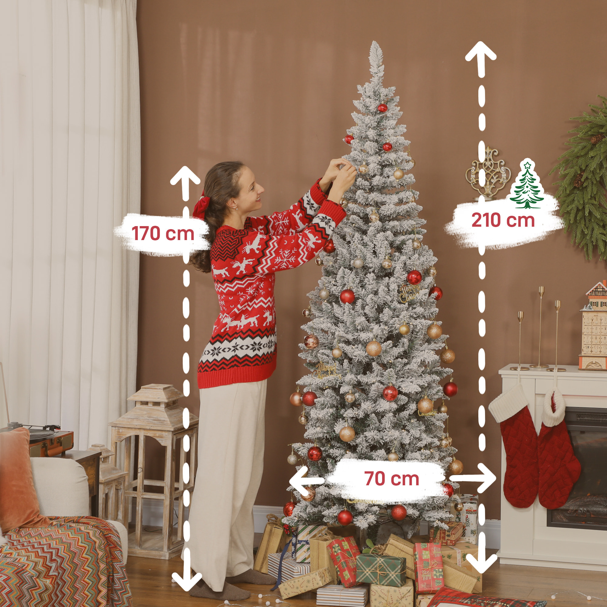 Árbol de Navidad Estrecho 210 cm, Árbol de Navidad Nevado con Luces LED Bicolores, 11 Modos de Iluminación, 687 Ramas, Soporte Metálico, Fácil de Montar, Verde
