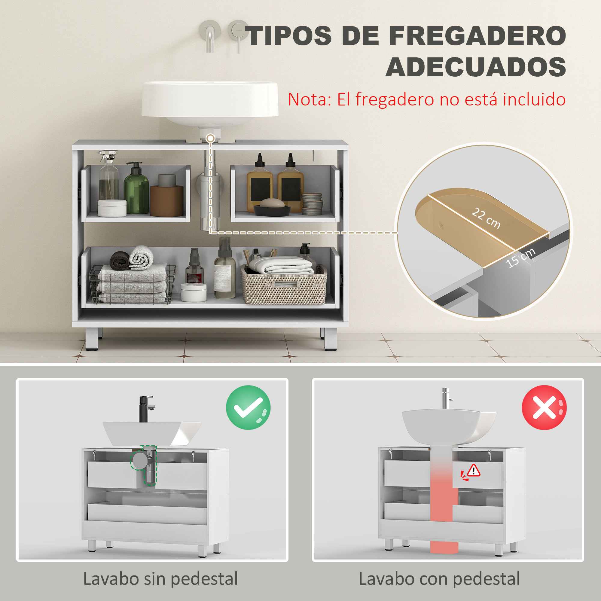 Mueble Bajo Lavabo, Mueble de Baño con 2 Cajones, Estilo Moderno, para Lavabo sin Pedestal, 80x30x60 cm, Blanco