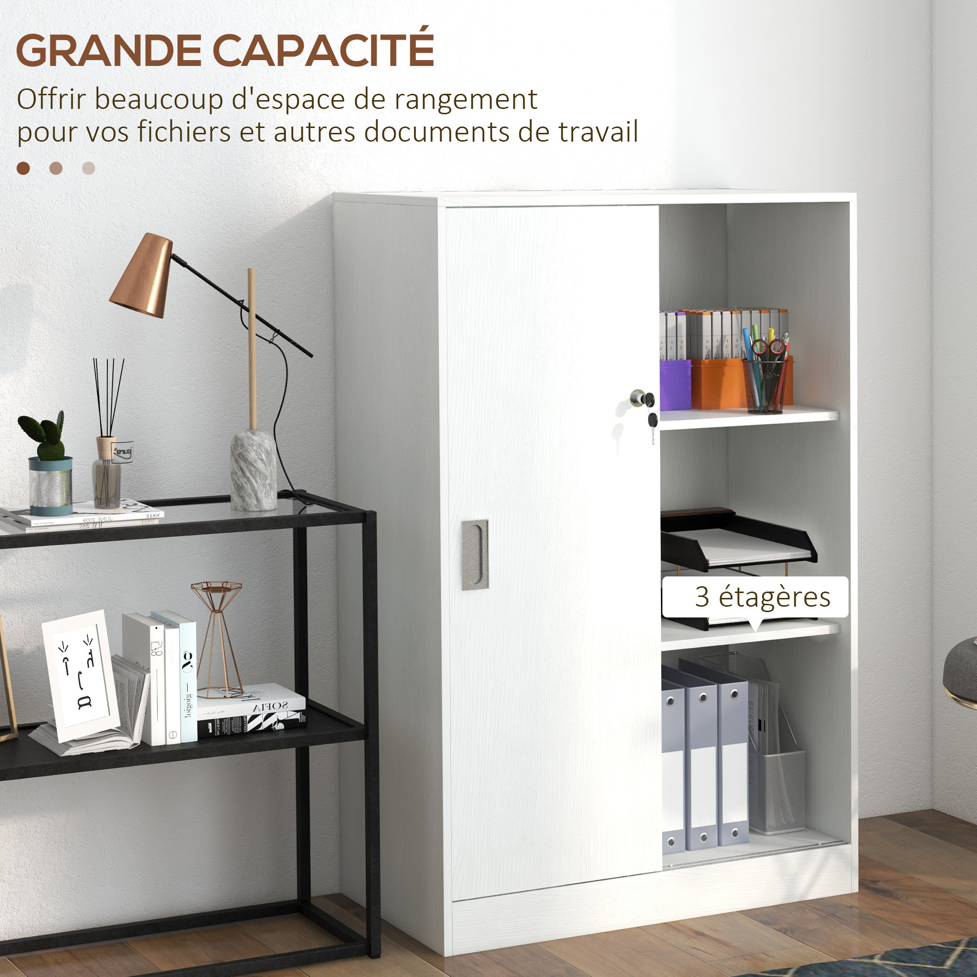 Armoire de bureau 2 portes coulissantes verrouillables dim. 80L x 40l x 120H cm 2 étagères panneaux particules blanc