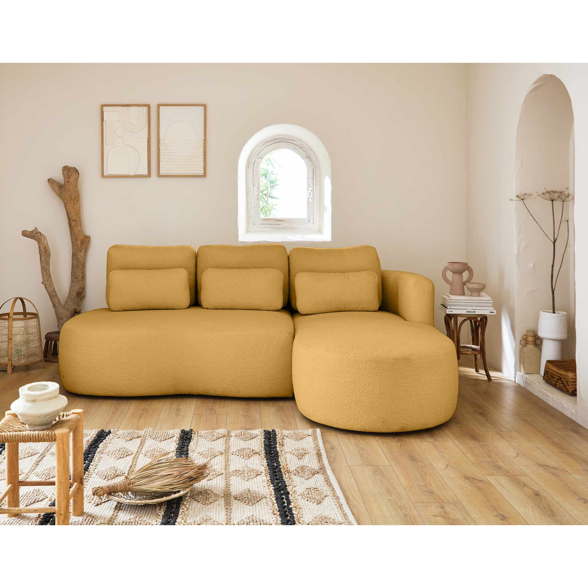 Mahina - canapé d'angle droit - 4 places - convertible avec coffre - en tissu bouclette - Jaune