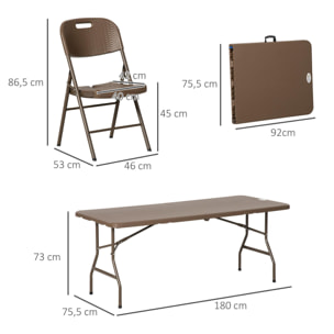 Conjunto de Mesa y 6 Sillas de Jardín Juego de Comedor de 7 Piezas Plegable Diseño de Imitación de Ratán con Marco de Acero para Playa Terraza Patio Marrón