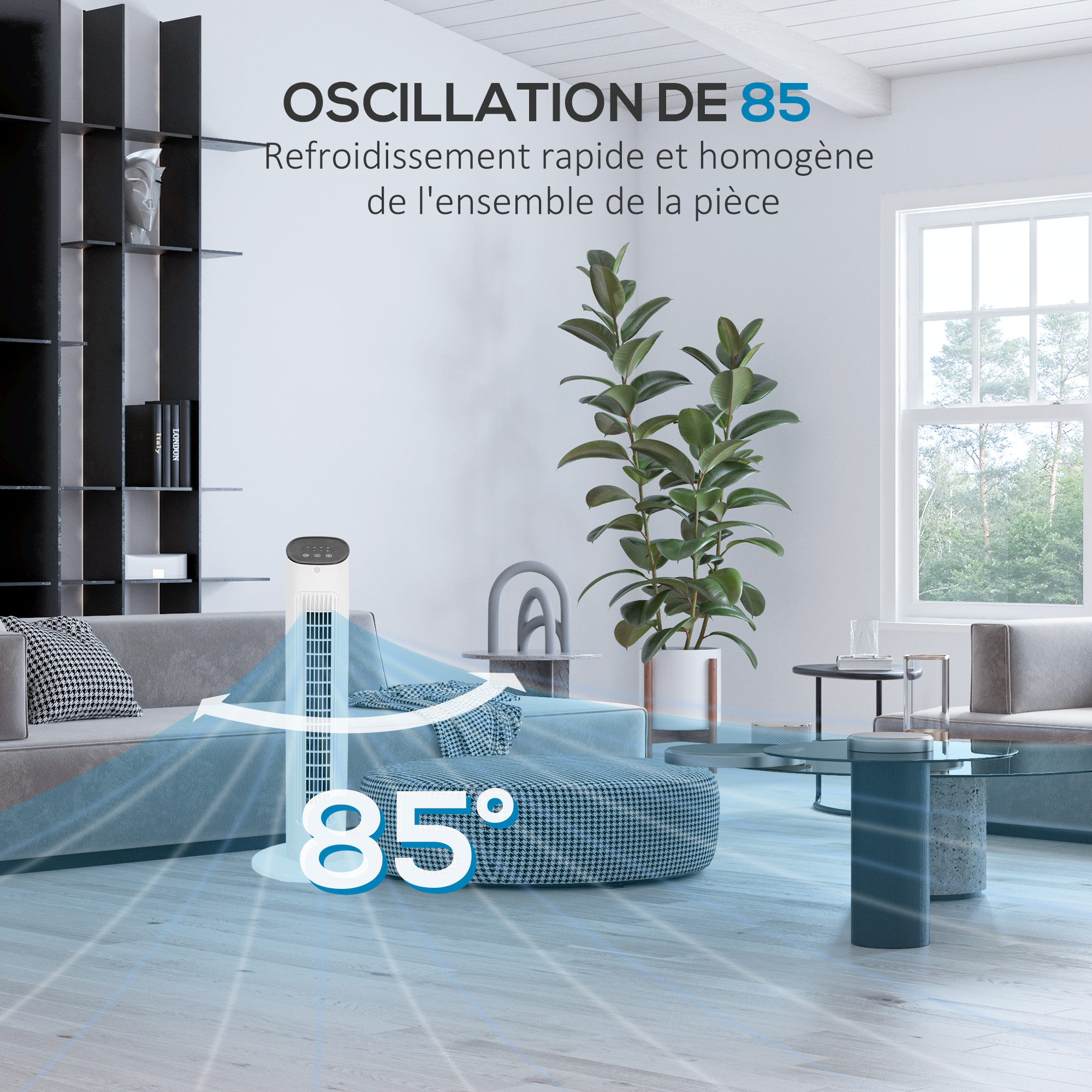 Ventilateur colonne oscillant 50W avec télécommande - 3 vitesses, timer, affichage LED - blanc