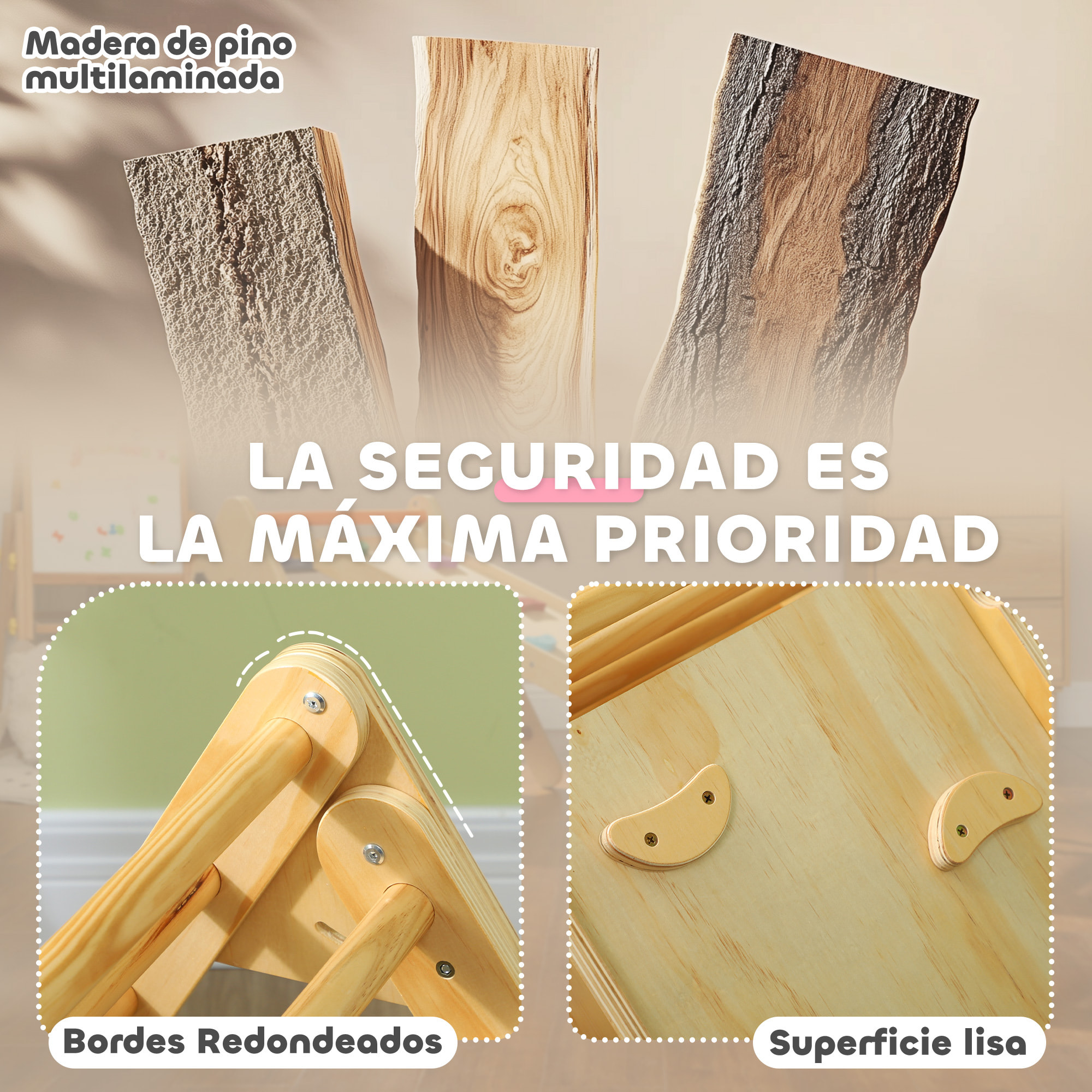 3 en 1 Triángulo de Escalada Montessori, Escalada para Niños de Madera Plegable, para18-48 Meses, con Rampa, para Deslizarse o Escalar, 147x64,5 cm, Natural