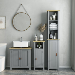 Meuble colonne rangement de salle de bain sur pied porte 2 étagères 3 niches aspect bois clair gris