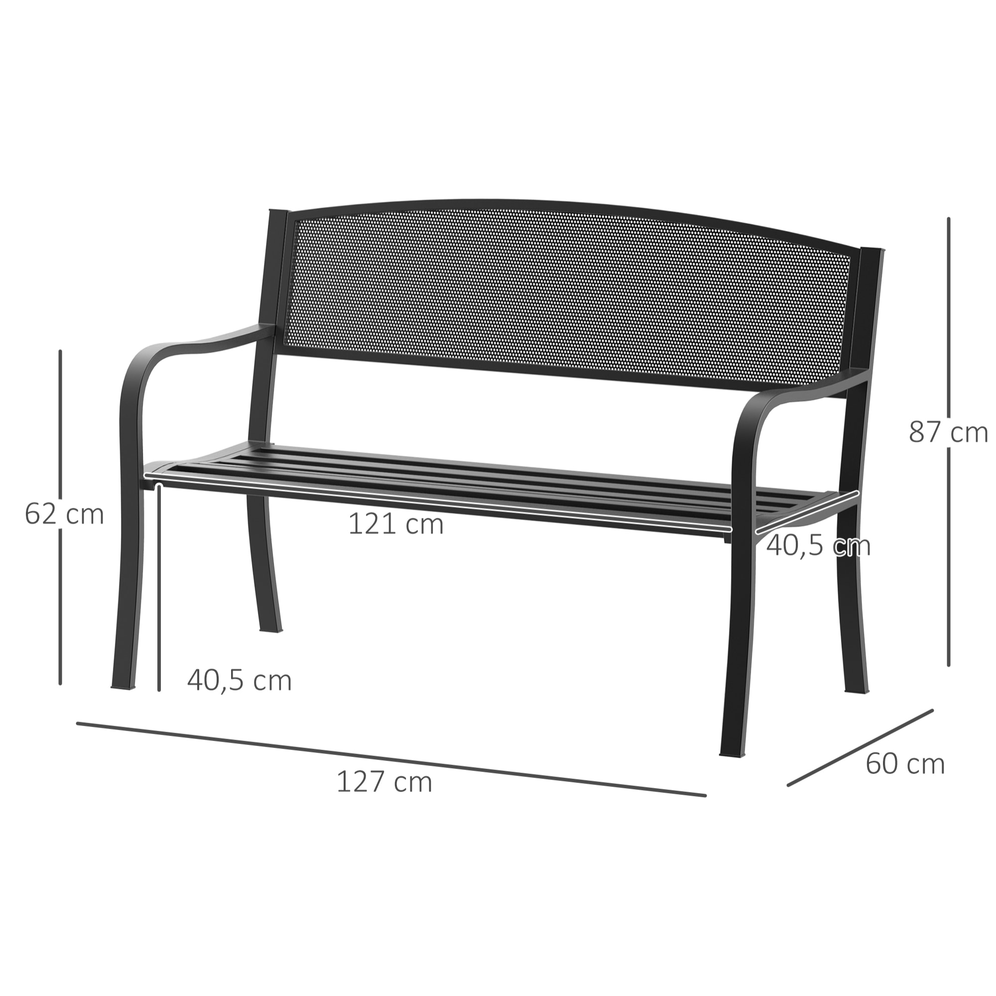 Banco de Jardín de 2 Plazas Banco Exterior con Respaldo de Malla de Acero Carga 240 kg para Patio Terraza Balcón 127x60x87 cm Negro