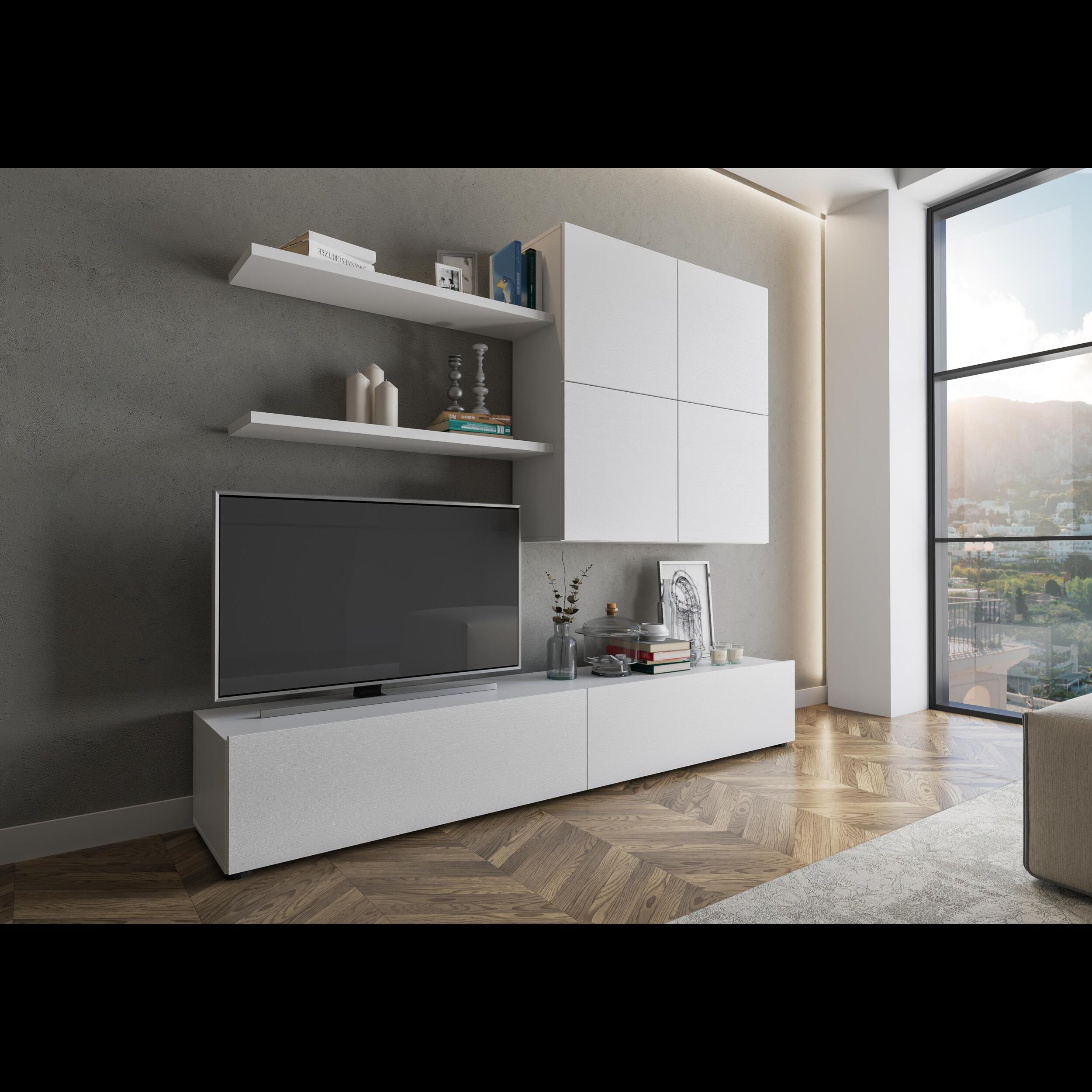 Parete Attrezzata Mobile Soggiorno Moderno Con Base TV 2 Ante Pensile 4 Ante e 2 Mensole Design Contemporaneo in Melaminico 200 x 194 x 40 cm Bianco