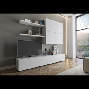 Parete Attrezzata Mobile Soggiorno Moderno Con Base TV 2 Ante Pensile 4 Ante e 2 Mensole Design Contemporaneo in Melaminico 200 x 194 x 40 cm Bianco