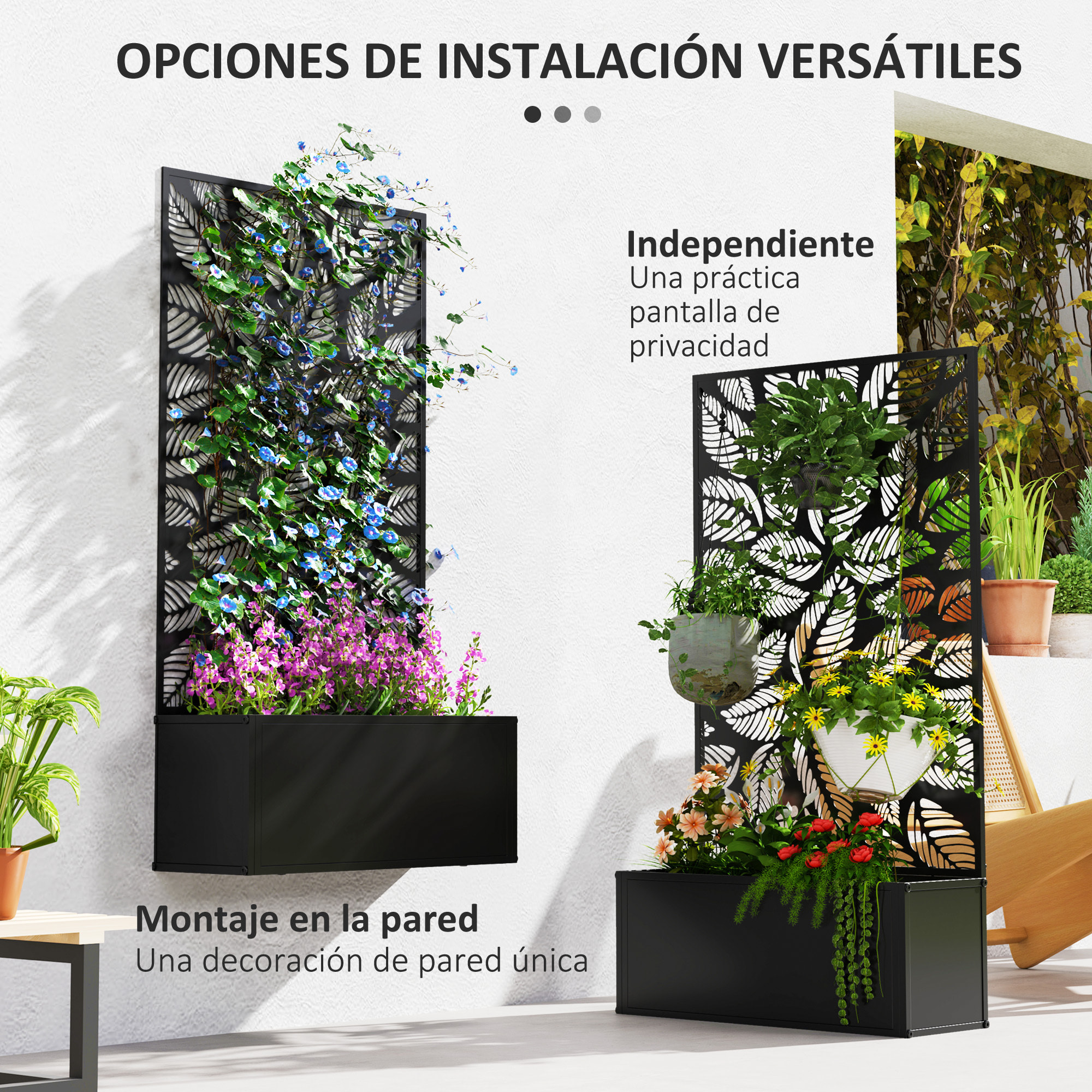 Jardinera Exterior Grande de Metal Jardinera con Pantalla de Privacidad de Hojas Decorativas Jardinera de Pared o Independiente para Patio Terraza 61x23x113 cm Negro