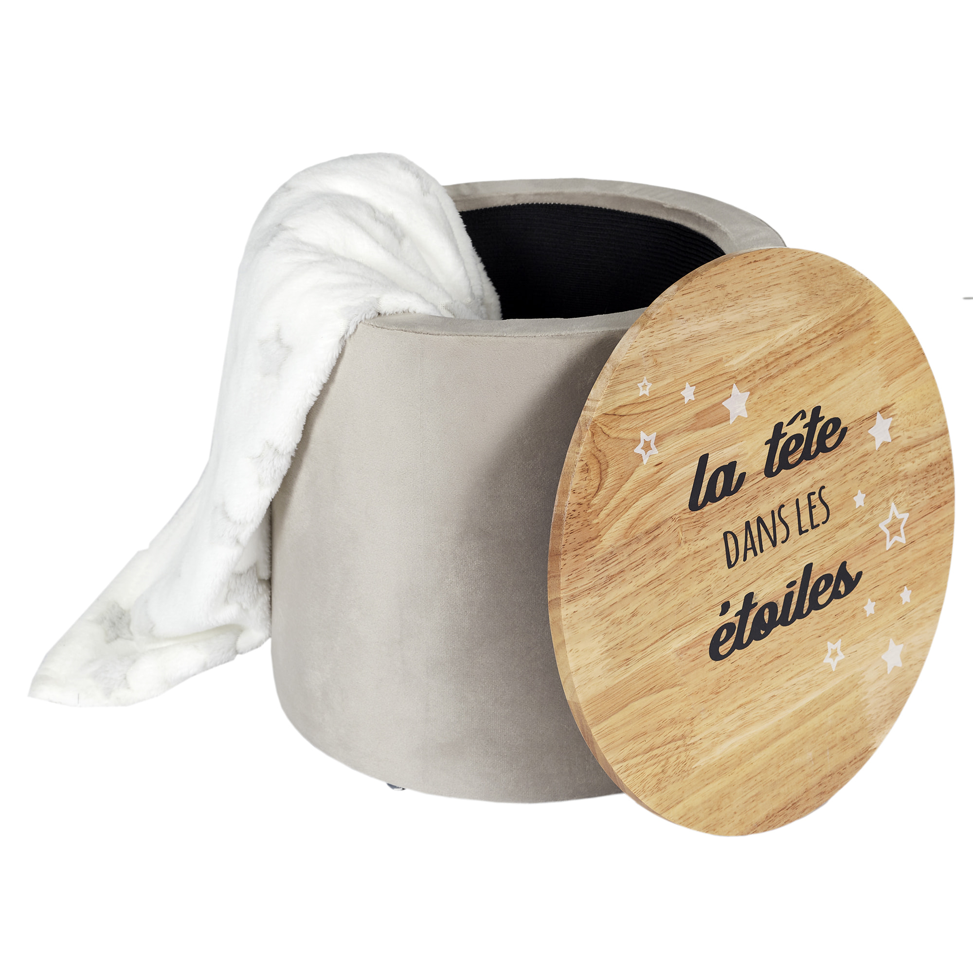 POUF RANGEMENT LA TETE DANS LES ETOILES GRIS