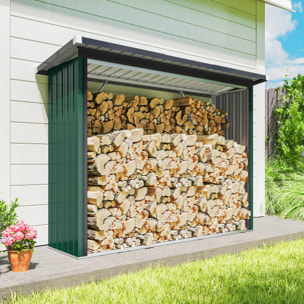 Casetilla para Leña de Acero Galvanizado, Cobertizo Leñero Exterior de Almacenamiento de Troncos, con Base Elevada y Techo Inclinado, 213x66,5x150 cm, Verde