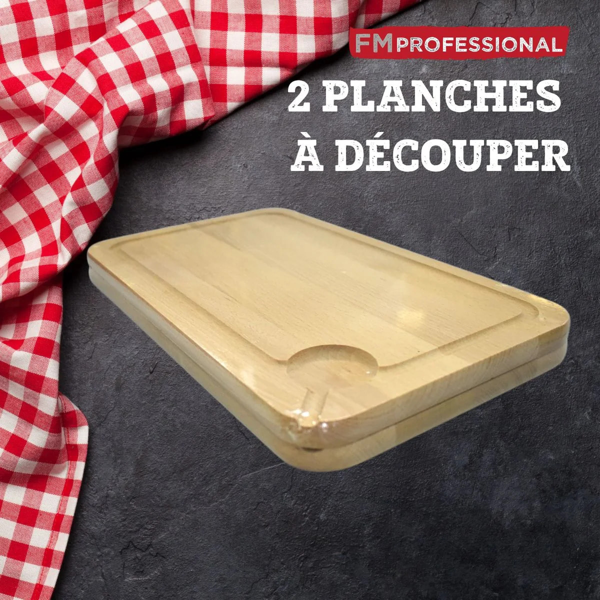 Planche à découper, hêtre avec rigolle et collecteur de sang 34 x 20 cm, par 2 FM Professional Gourmet édition