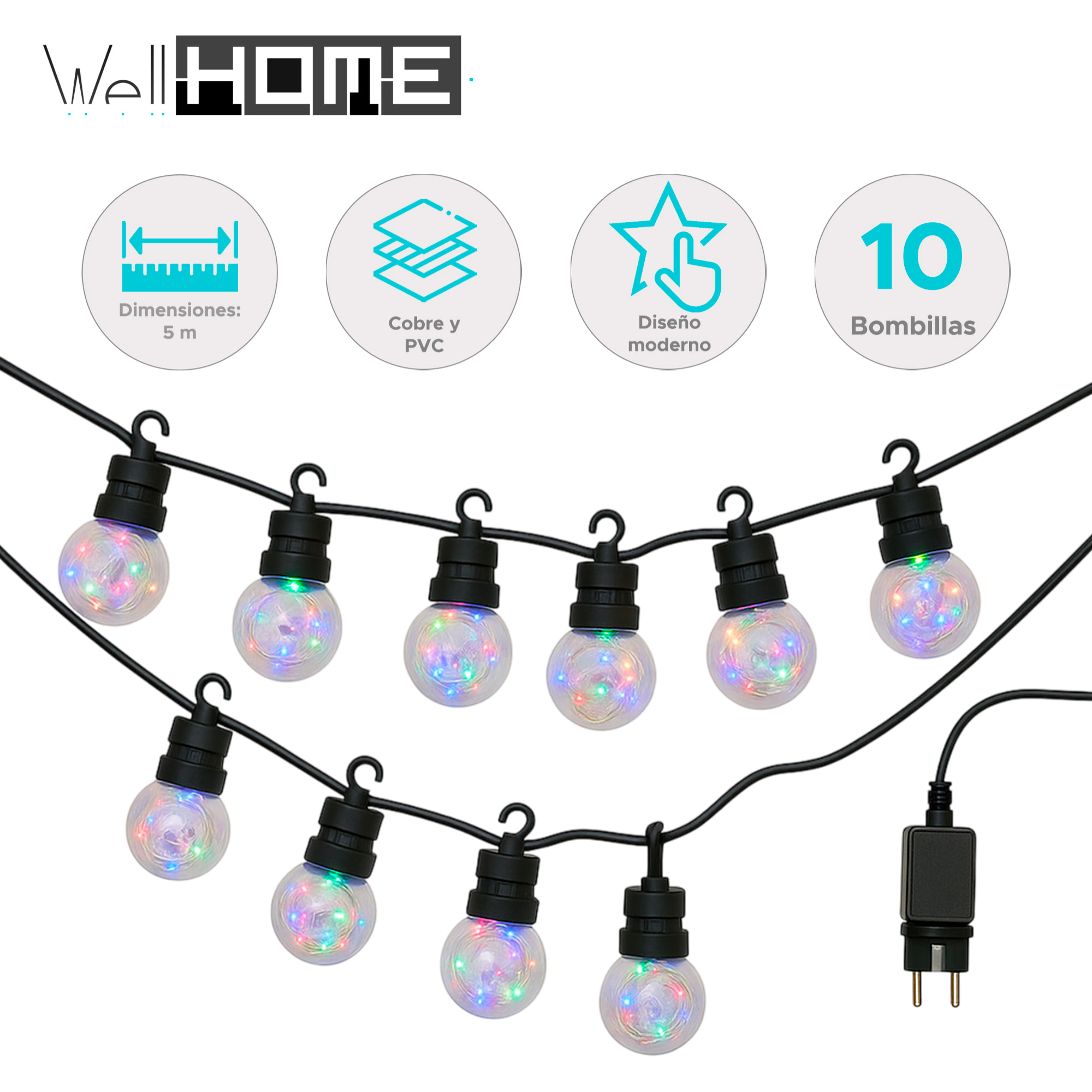 Guirnalda de luces multicolor con bombillas g50 y temporizador - decoración led para exterior e interior, 10 bombillas, cable 5 metros