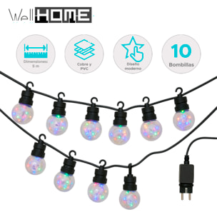 Guirnalda de luces multicolor con bombillas g50 y temporizador - decoración led para exterior e interior, 10 bombillas, cable 5 metros