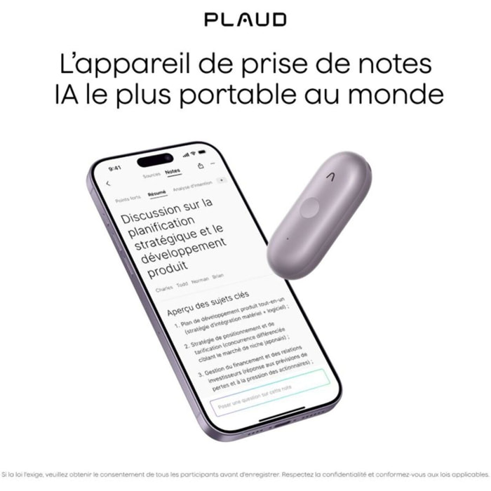 DICTAPHONE PLAUD Note Pin S Argent