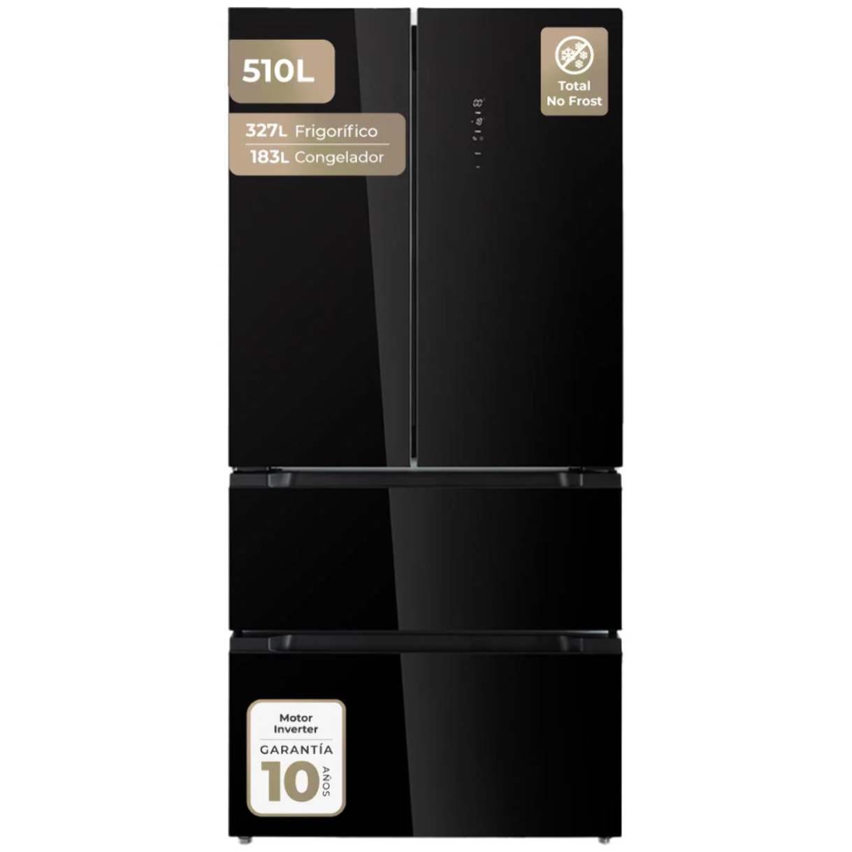EVVO Frigorífico francés F80B Glass, Inverter, Puerta de cristal, Total No Frost, 327l + 183l