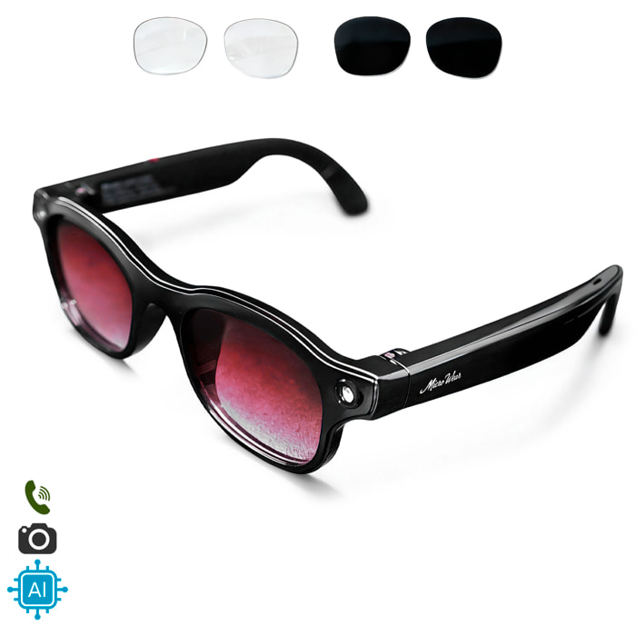 Gafas inteligentes W93 con cámara de 8 MP para fotos y video de 1200p. 16GB de memoria interna. Traductor en tiempo real con asistente de voz inteligente y 3 tipos de lentes.