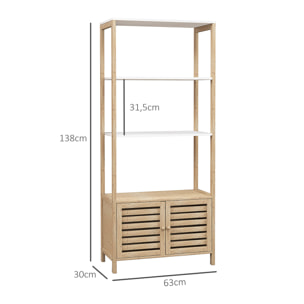 Estantería de Baño de Bambú con 3 Estantes Abiertos Estantería de Almacenaje con Puertas de Lamas 63x30x138 cm Natural y Blanco
