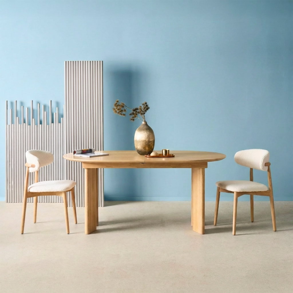 Table à manger oblongue extensible bois d'hévéa et placage chêne 6-8 places ALBANE