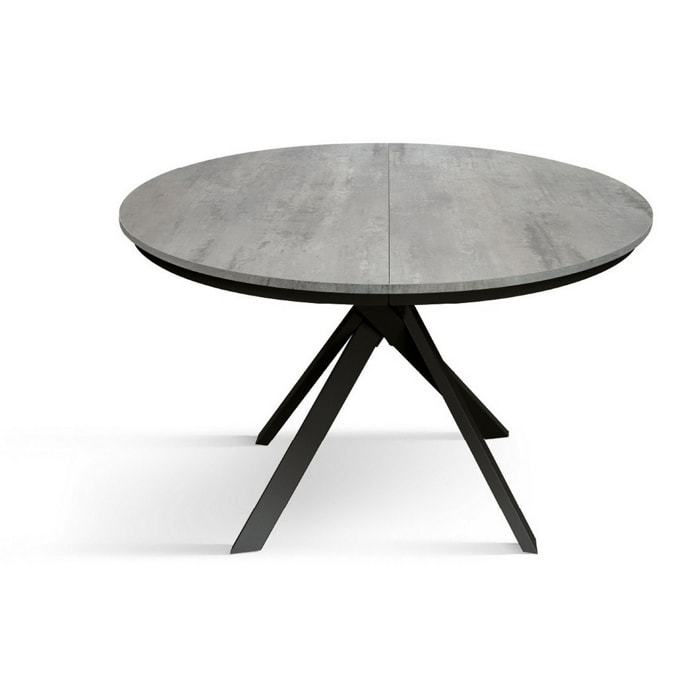 Tavolo rotondo PANTELLERIA in legno effetto grigio cemento con gambe incrociate in metallo antracite, allungabile ⌀120 cm - ⌀170 cm