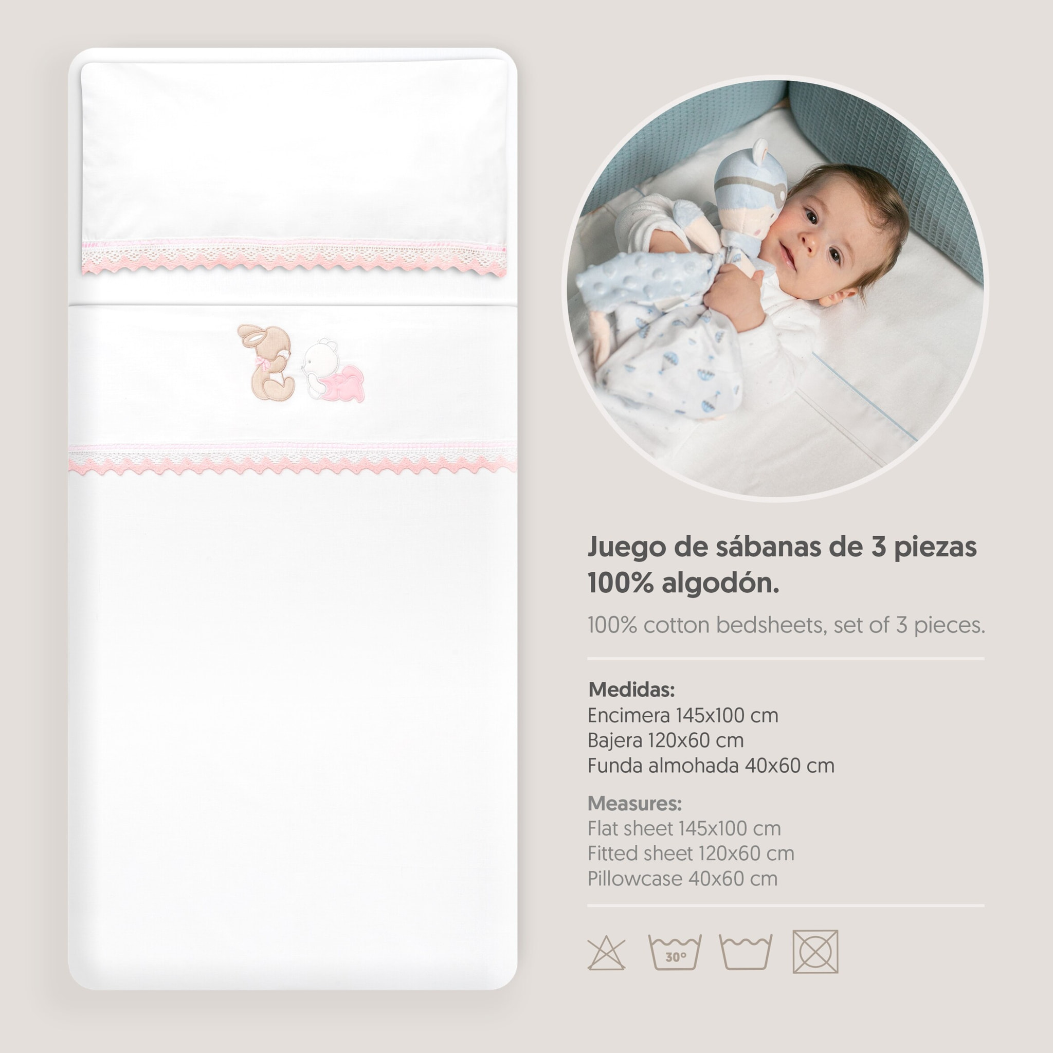 Triptico Cuna Guipur Oso Tumbado Conejito + Broche Bco/Rosa
