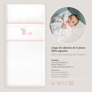 Triptico Cuna Guipur Oso Tumbado Conejito + Broche Bco/Rosa