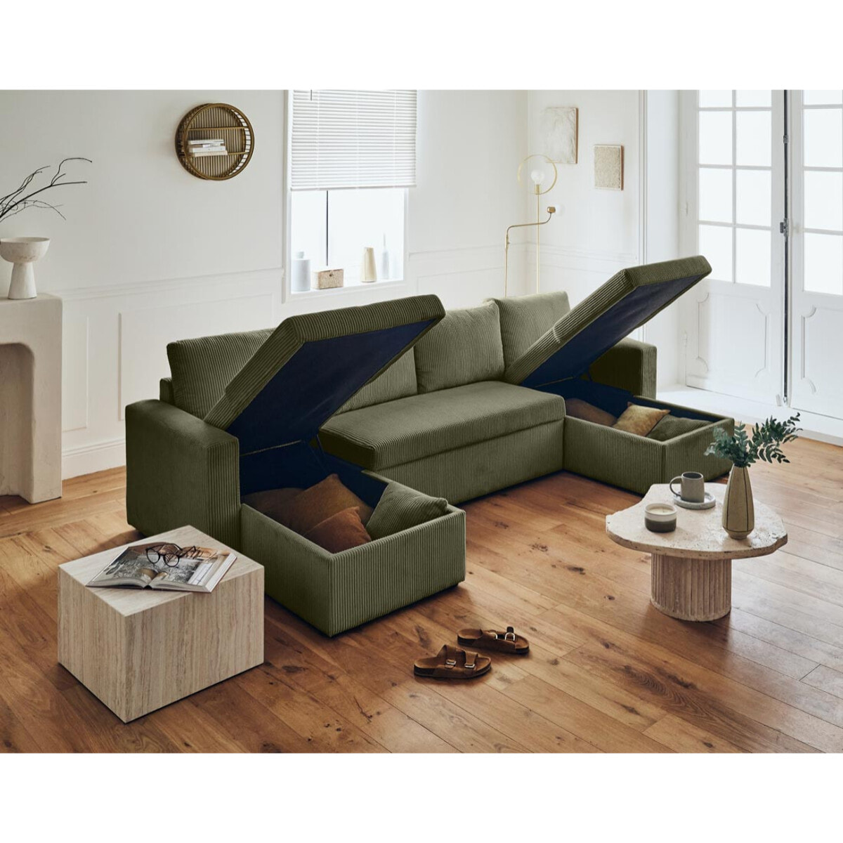 Cyrus - canapé panoramique en U - 7 places - convertible avec coffre - en velours côtelé - Vert