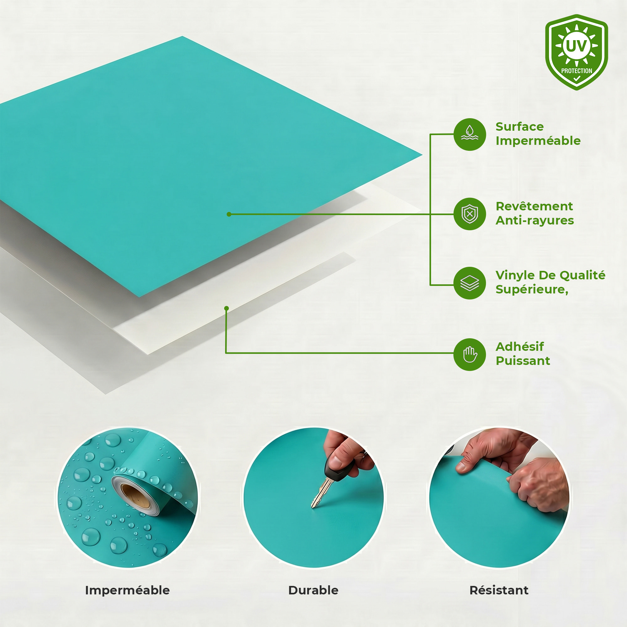 Rouleau adhésif décoratif Vinyle au Mètre - Turquoise - Sticker Lavable Imperméable Mur Cuisine Meubles