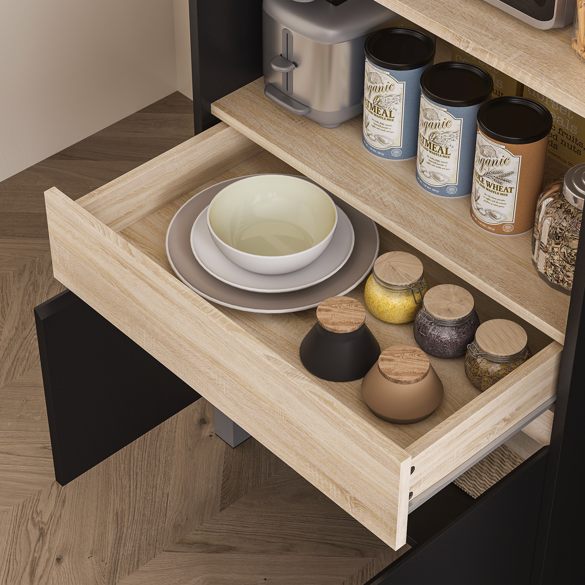 Rangement desserte de cuisine pour micro-ondes - 2 portes, 2 niches, tiroir, étagère - noir naturel