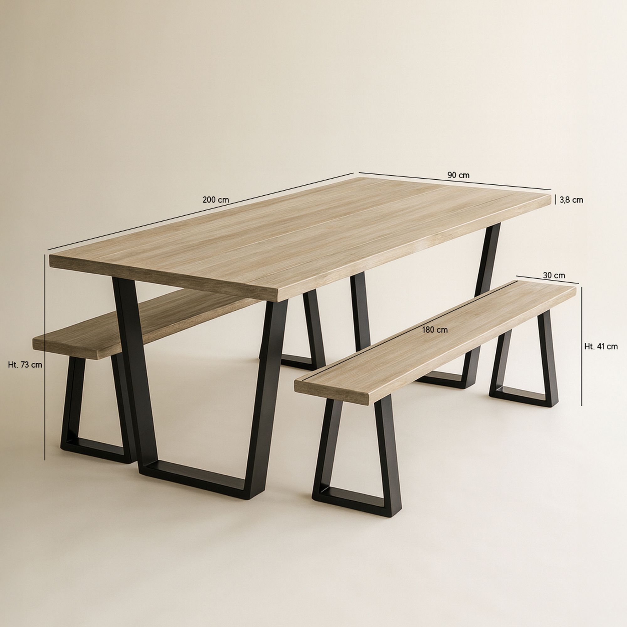 Ensemble table et banc en bois d'acacia et pieds métal noir HERA