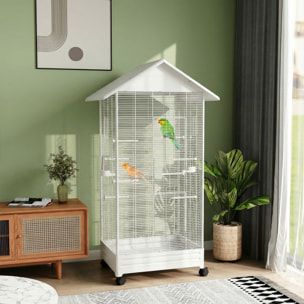 Jaula para Pájaros con Ruedas, 79x65x155 cm, Jaula Grande con 2 Comederos, 8 Perchas, 4 Puertas y Bandeja Extraíble, Diseño del Techo, Pajarera para Pinzones y Canarios, Blanco