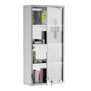 Armoire à pharmacie 3 étagères 4 niveaux 30L x 12l x 60H cm porte verre trempé symbole croix acier inoxydable brossé