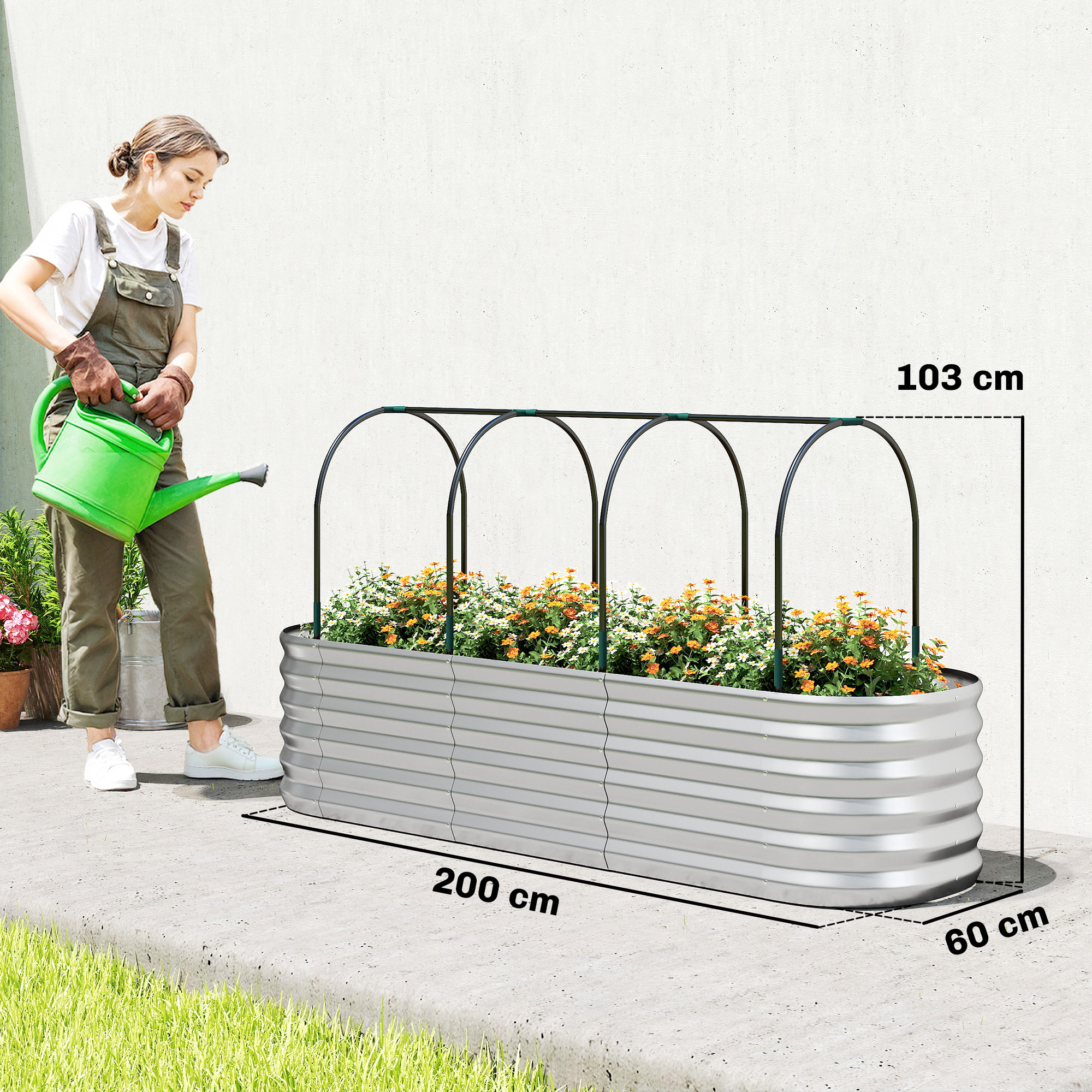 Jardinera Exterior Grande con Cubierta de Invernadero y Malla, Huerto Urbano de Acero Galvanizado con Fondo Abierto, Resistente a la Intemperie, para Patio, Terraza, 200x60x103 cm, Plateado