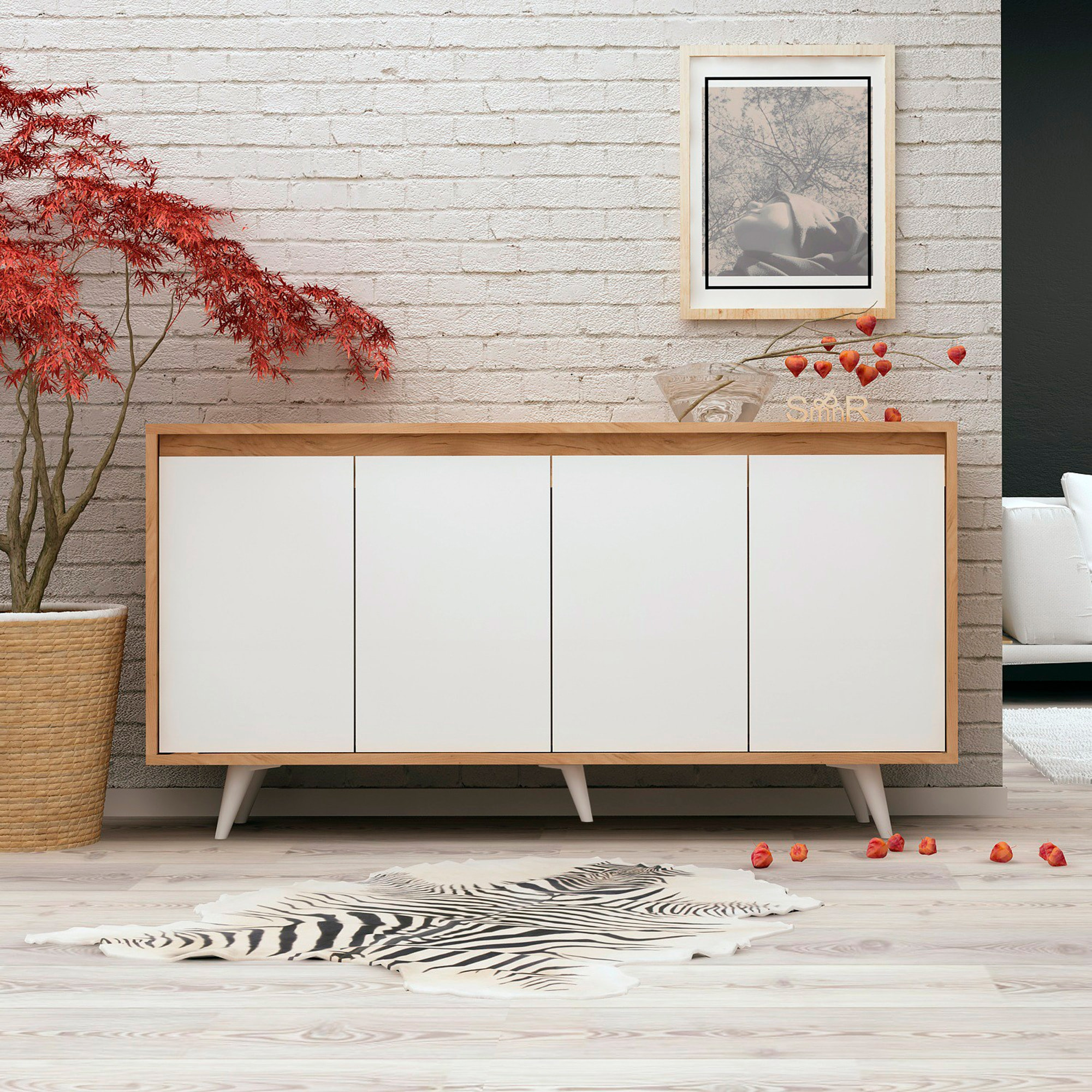 Mueble de roble blanco con 100% tablero aglomerado rechapado en melamina.