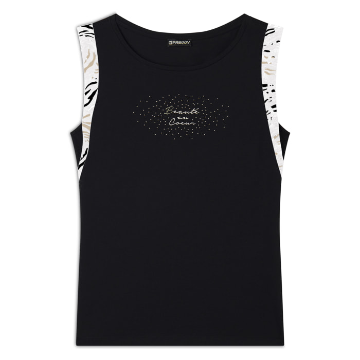 T-shirt senza maniche con dettagli dorati e animalier