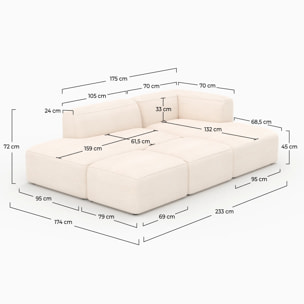 Canapé modulable en velours côtelé blanc 4 places avec 2 poufs - Mina
