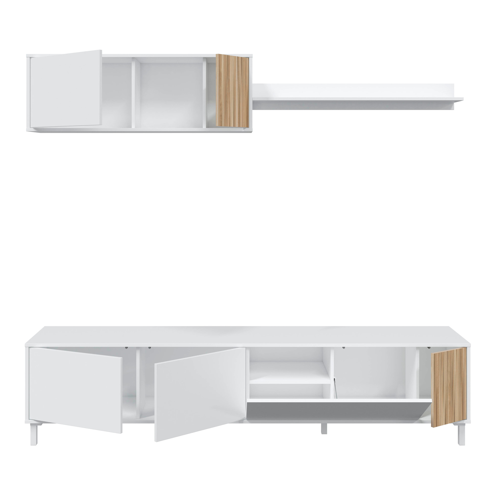 Mueble TV con estante Summer 4 puertas, color Blanco Artik y madera