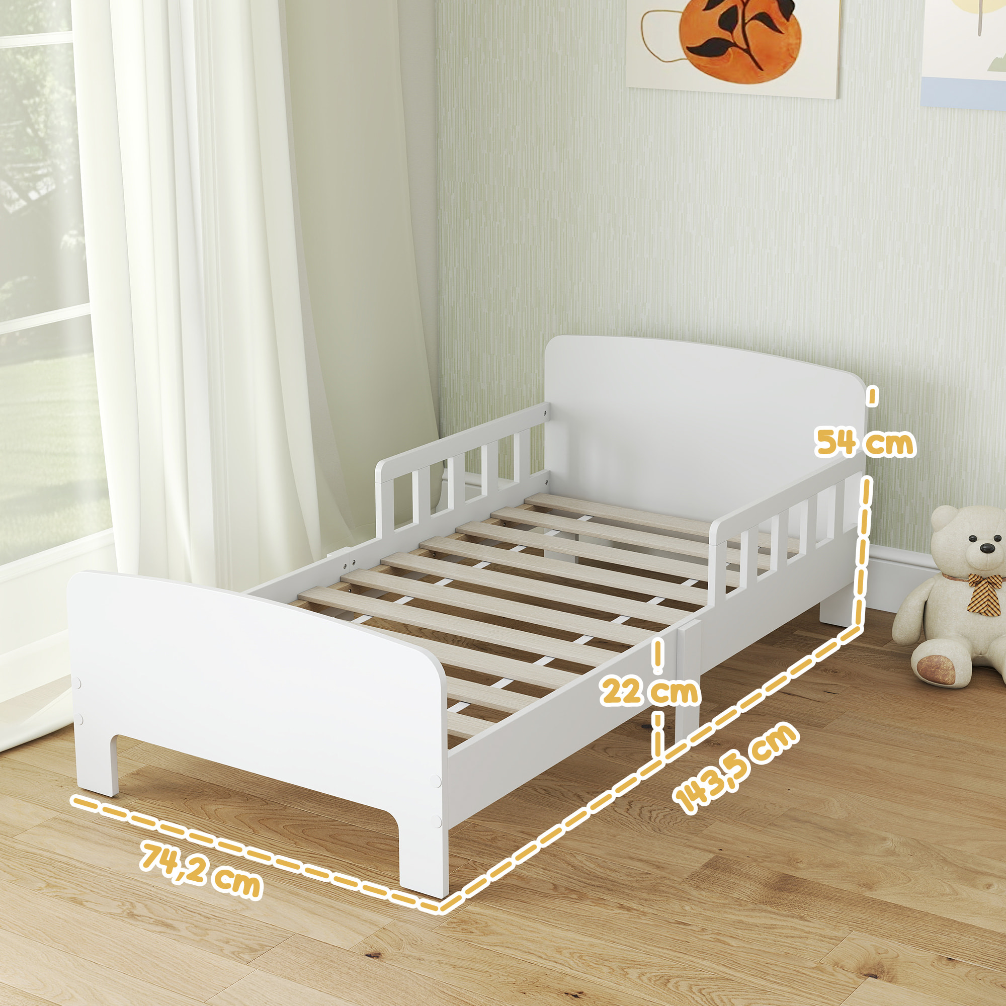 Cama Infantil 70x140 cm, Cama para Niños con Barrera Anticaídas y Somier, para Niños y Niñas de 3-8 Años, Blanco