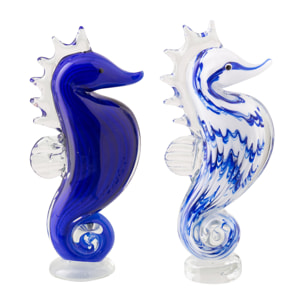 J-Line Presse-papier Seahorse Ligné - verre - bleu/blanc - 2 pièces