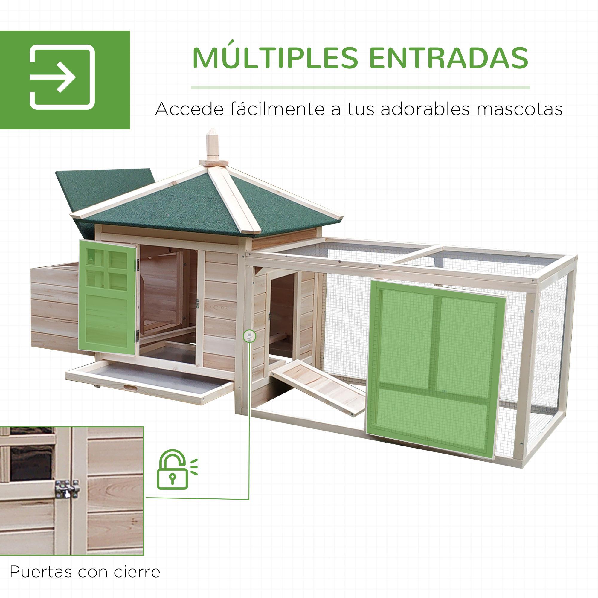 Gallinero de Madera de Abeto Refugio Jaula para Gallinas Pollos Exterior con Caja Nido Bandeja Extraíble y Espacio para Correr 196x76x97 cm Natural