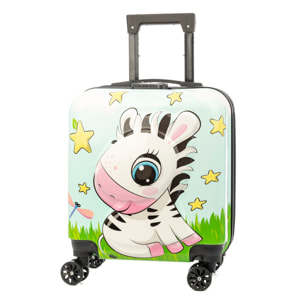 Valigia trolley per bambini in materiale leggero ABS ad alta resistenza. Chiusura numerica, 4 ruote doppie girevoli a 360°. Design Zebra. 35x23x45 cm.